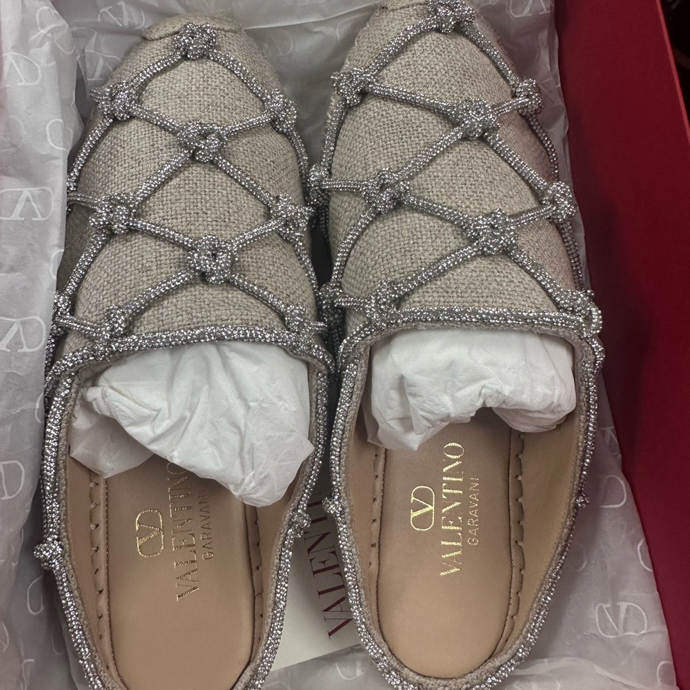 Valentino Garavani Silver Embellished Mule Espadrilles